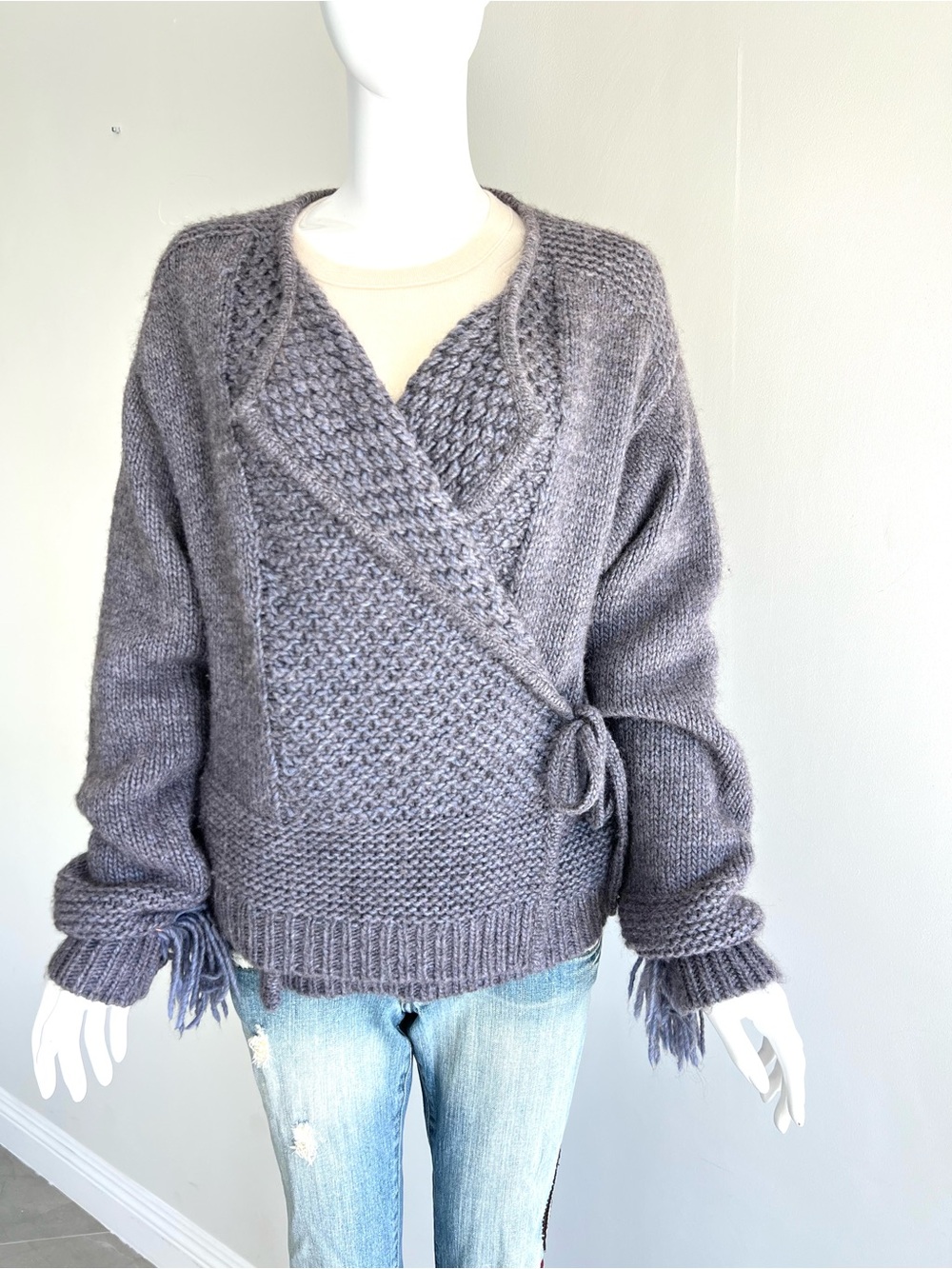ELIZABETH and JAMES Light Purple Wool Alpaca Wrap Cardigan Fringe Sleeves Sz S